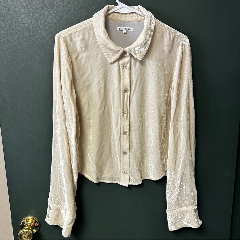 Reformation Cam Velvet Top Womens Large Cream Collared Button Down Silk Blend